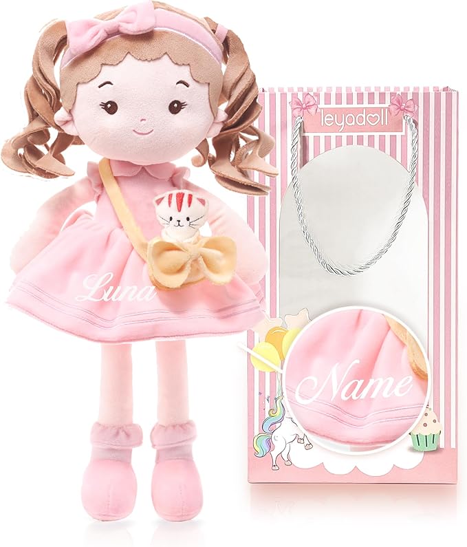 LeyaDoll Personalized Soft Baby Doll Toys (16''), My First Baby Rag Doll for 1 Year-Old Girl Birthday Gift, Christmas Plush Toys Gift for Toddler Kids Infants-Daydream-Mia-and-Her-Pet-Cat