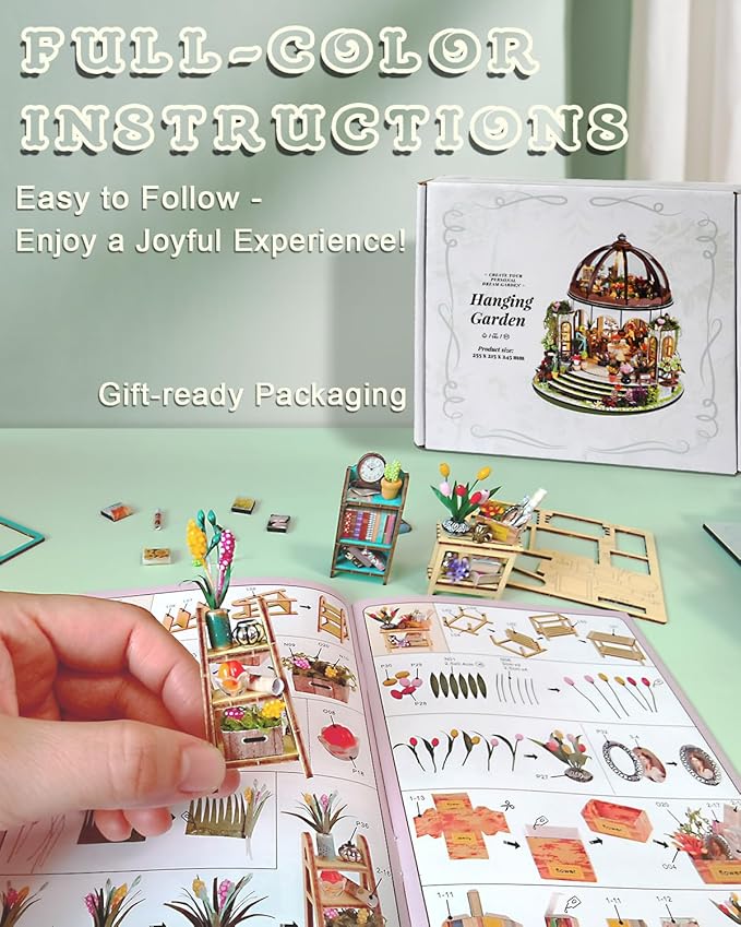 Miniature House Kit Hanging Garden, DIY Miniature Dollhouse Kit for Adults with Furniture & LED Lights, Wooden Craft Gifts for Adults Women Teens