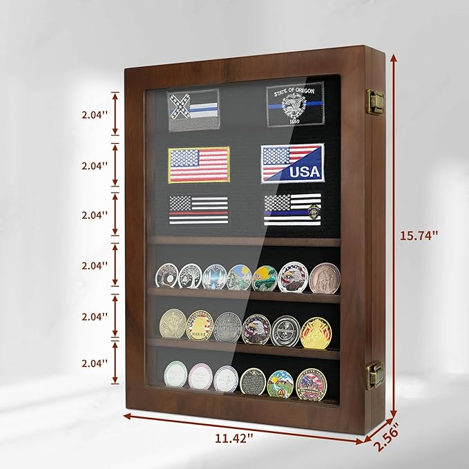 Military Challenge Coin Display Case 6 Rows Wooden Army Coin Holder with HD Tempered Glass Lockable Coin Wall Dsplay Box with Removable Shelves, Walnut