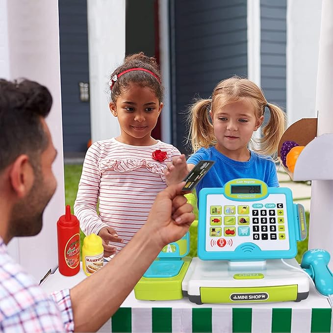 FS Pretend Play Cash Register Toys with Scanner, Calculator, Large Drawer, Microphone, Play Food, Supermarket Cashier Register Toy, Pre-School Gift for Kids, Toddlers, Boys & Girls, Ages 3 4 5 6 7 8
