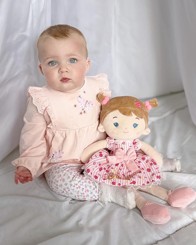 LeyaDoll Soft Baby Doll Toys (16''), My First Baby Rag Doll for 1 Year-Old Girl Birthday Gift, Christmas Plush Toys Gift for Toddler Kids Infants-Strawberry-Girl