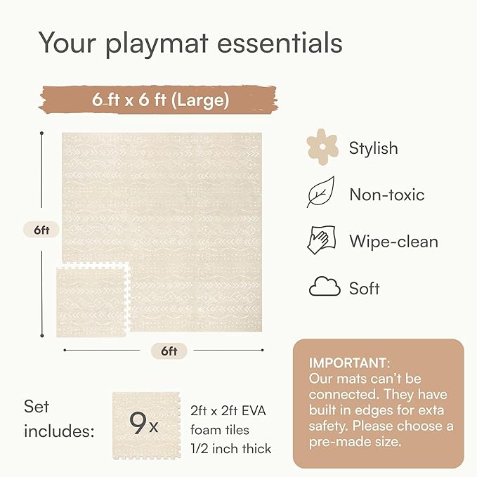 Lillefolk Baby Play Mat for Floor – 6x6ft Beige | Soft Non Toxic Premium EVA Foam Tiles for Tummy Time, Crawling & Playroom – Waterproof for Hard Floors Mat for Babies & Toddlers (9 Tiles)