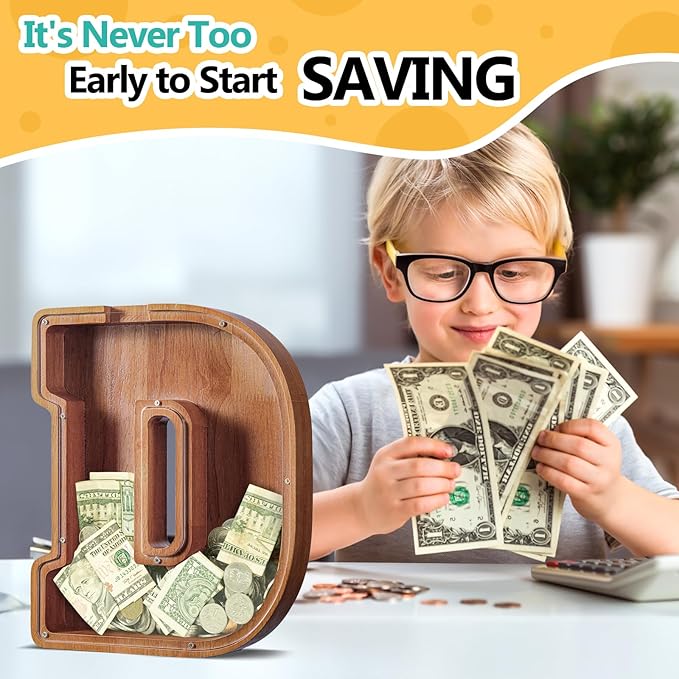 Summidate Large Wooden Piggy Bank for Kids Adults, Alphabets Letter A-Z Piggy Bank for Boys Girls, Coins Bills Change Bank Box Personalized Initial Name Kids Money Bank for Birthday Present and Decor