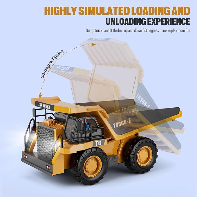 RC Dump Truck Toy, 9-Channel Remote Control Toy with Metal Bed & Light, Rechargeable Battery, Kids Construction Vehicle Truck Toys for 3+ Boys, Perfect 2024 Kid Birthday Gift for Ages 3-12+