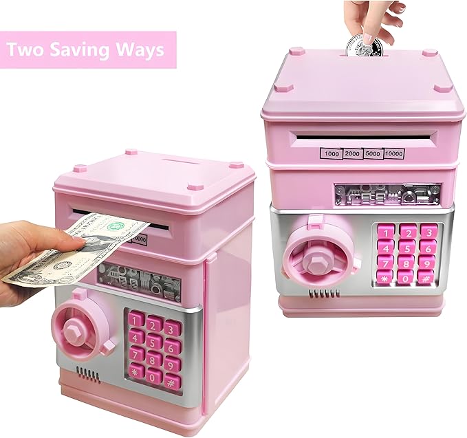 Piggy Bank Electronic Mini ATM for Kids Toy, Safe Money Saving Box Coin Banks Password Code Lock for 3-14 Years Old Kids, Boys Girls Ideal Gift (Light Pink)