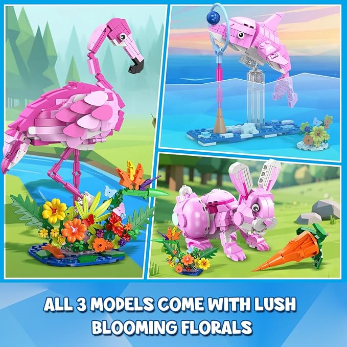 HOGOKIDS 3 in 1 Pink Flamingo Building Set with Flowers, Animal Figure with 3 Building Options - Flamingo, Bunny, or Dolphin, 558PCS Creative Easter Birthday Gift, Learning Toy for Kid Girl Boy Age 6+
