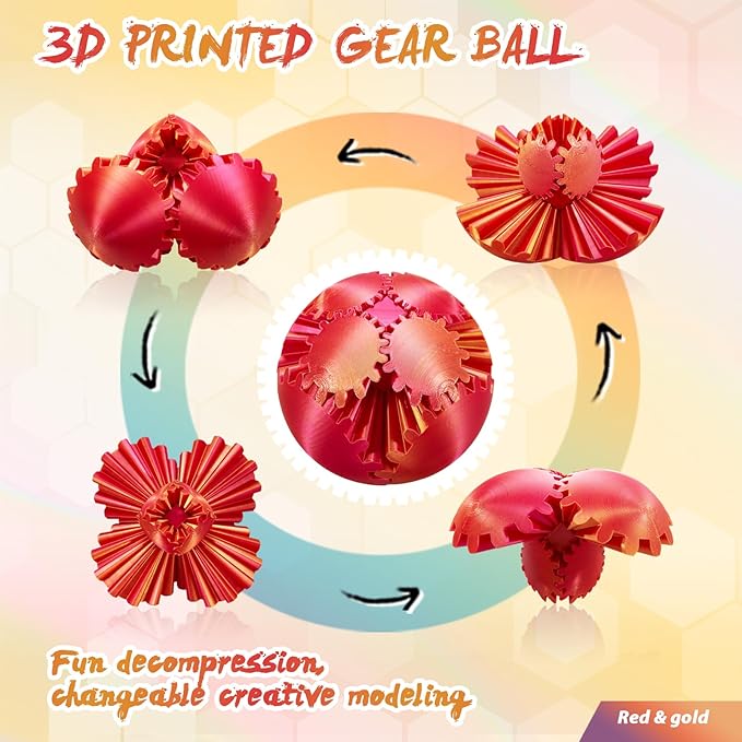 Gear Ball-3D Printed Gear Sphere,3D Printed Spin Ball Cube Fidget Toy,The Steampunk Whirling Wonder Fidget Ball Toy(Red Gold)