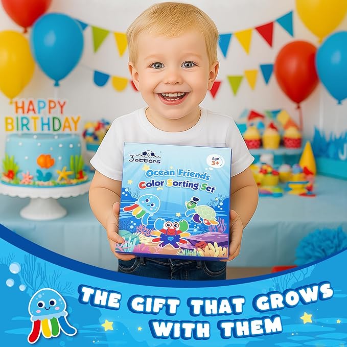 3 otters Color Sorting Sensory Toys, Sea Animals Fine Motor Matching Games Fidget Toys with 3 Game Cards for Toddlers Birthday Party Gift