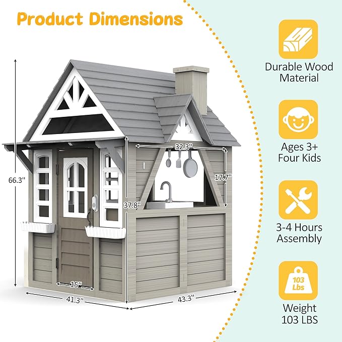 Kids Playhouse Outdoor,Wooden Play House Playset for Kids, Large, Sturdy, Realistic Design with Kitchen, Doorbell, Flower Pot, Stove, Sink & Clock, Perfect for Kid Ages 3-8 (Gray)