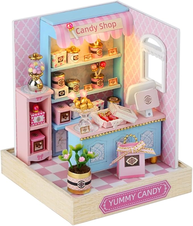 DIY Miniature House Kit, Mini House Building Kit with LED & Dust Cover, DIY Wooden Dollhouse Miniature Kit for Adults Teen, Wooden Crafts Lovely Dollhouse Kit, Yummy Candy