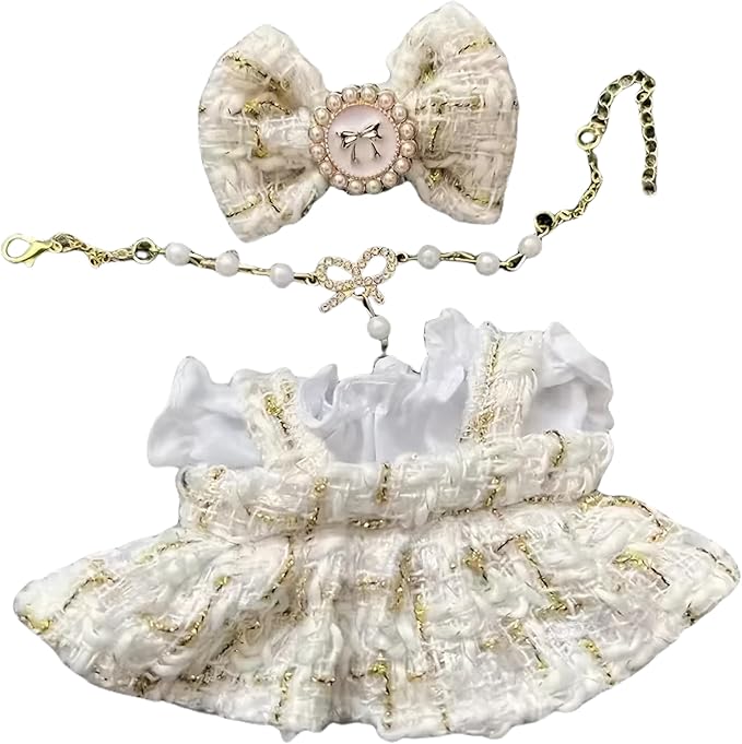 Luxury Chic Doll Clothes Set with Elegant Dress, Shirt, Bow & Necklace - Premium Outfit for Dress Up, Collecting & Gift Giving - Perfect for Kids, Doll Collectors & 18 Dolls (Gold)