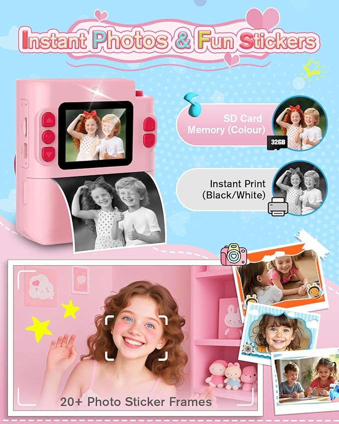 Instant Print Camera for Kids - 1080P HD Toddler Digital Camera for 3 4 5 6 7 8 9 10 Year Old Girls Boys, Christmas Birthday Gift with 32GB SD Card, Selfie Mode, Portable Travel Toy, Fun Filters- Pink