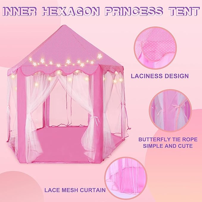 Kid's Play Tent, Ceither Princess Castle Girls Playhouse with Star Lights, 55" x 53" (L x H) Pink Princess Tent Indoor Outdoor for Imagination Interactive Play