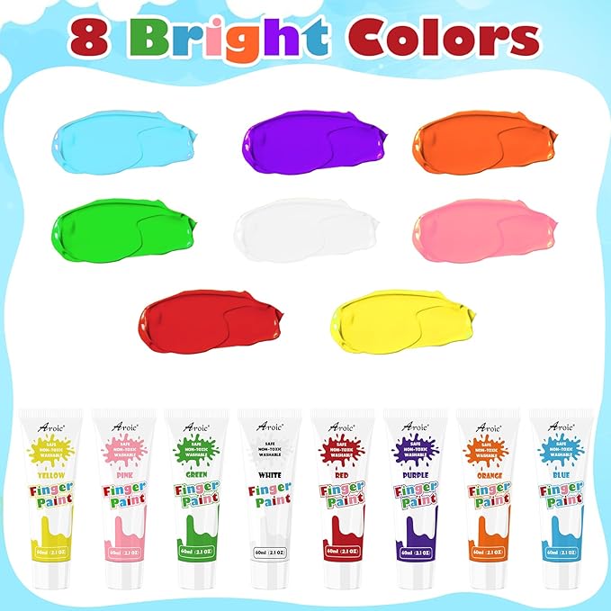 AROIC Non-Toxic Finger Paint Set for Kids & Toddlers-Vibrant Washable 8 Colors (60ml),Creative Art Gift for Boys Girls,Hand Painting Art Supplies for DIY Crafts & Early Education