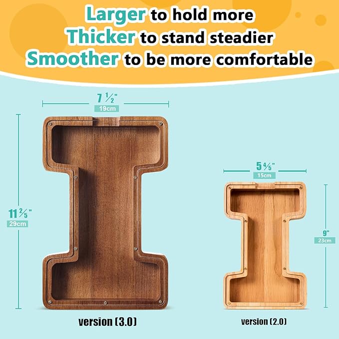 Summidate Large Wooden Piggy Bank for Kids Adults, Alphabets Letter A-Z Piggy Bank for Boys Girls, Coins Bills Change Bank Box Personalized Initial Name Kids Money Bank for Birthday Present and Decor
