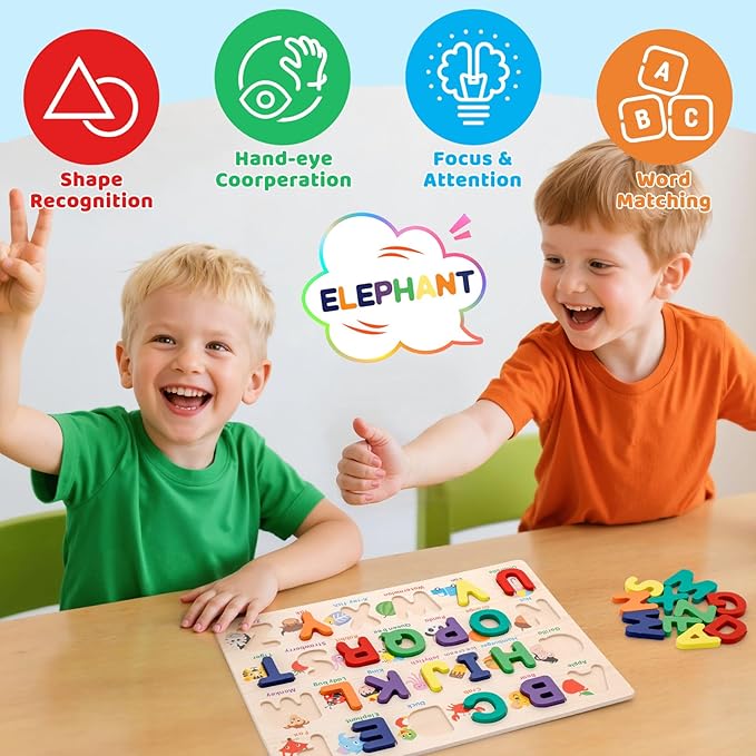 Alphabet Puzzle Wooden Puzzles for Toddlers 3 4 5 Year Old, ABC Shape Learning Toddler Toys with Board & Letter Blocks, Preschool Educational Toys for Girls Boys, Pattern Alphabet