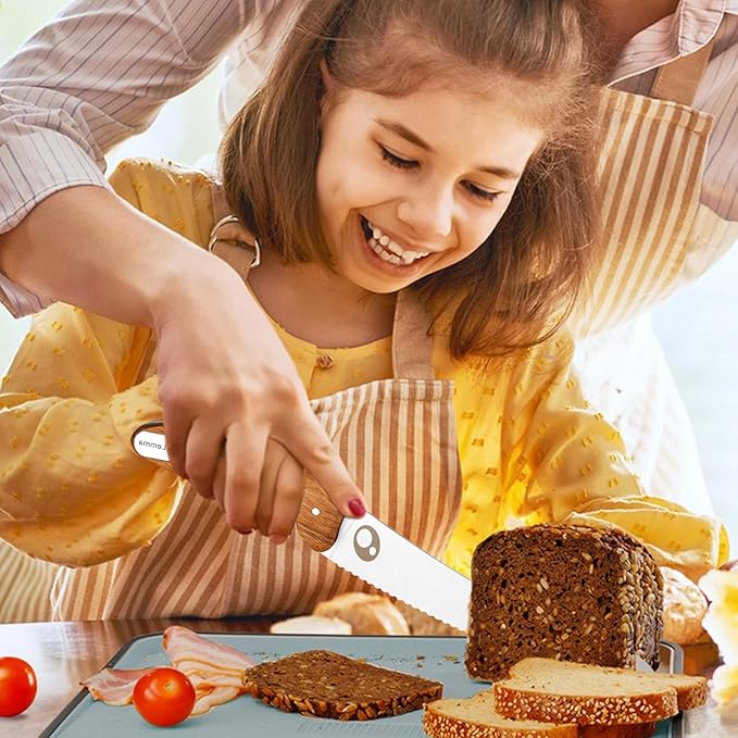 Kids Knife Set for Real Cooking with Educational Ring & Serrated Blade Edge & Panda Finger Guard 4-Pieces, Kids Chef Knife Set with Rosewood Handle Stainless Steel Blade For Starter Cutting Learning
