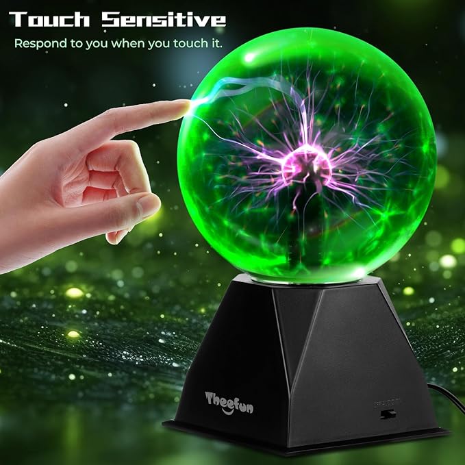 Theefun Green Plasma Ball: 6 Inch Plasma Globe Touch & Sound Sensitive Plasma Ball Lamp Electric Ball Lightning Novelty Light for Parties, Home, Prop, Room Decoration, Christmas Gifts
