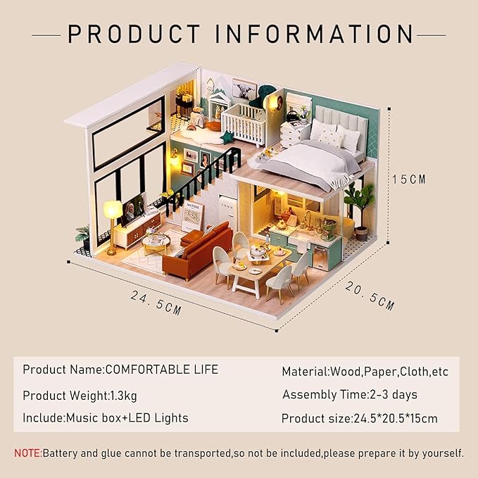 CUTEROOM DIY Miniature Dollhouse Kit with Furniture,Wooden Doll House with Music Movement & LED Lights, DIY House Kit Christmas Birthday Gifts - Comfortable Life