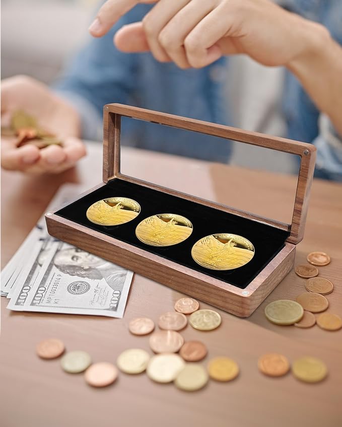 Walnut Wood Challenge Coin Display Case , Coin Box, 3 Slot Design, Compatible with Coins Measuring 17/20/25/27/30/35/40/46mm in Diameter and Less Than 3mm in Thickness