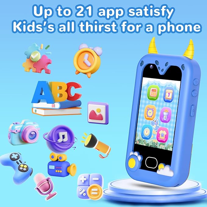 Lapare Kids Smart Phone Toys, 2.8'' Touchscreen HD Dual Camera Cell Phone for Kids, Birthday Gifts Dinosaur Toddler Play Phone for Boys 3-10, Travel Learning Toy with 32GB SD Card(Blue)