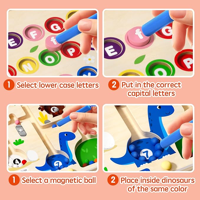 2 in 1 Magnetic Color and Number Maze Double-Sided ABC Alphabet Puzzles Board Magnet Dinosaur Counting Maze Preschool Learning Montessori Education 3 4 5 Years Toys (Multicolored, One Size)