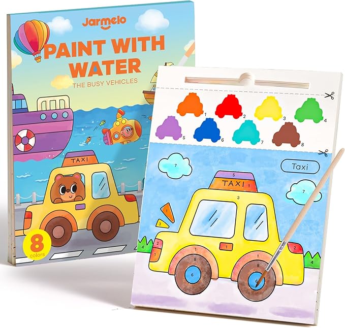 Paint with Water Books for Toddlers, Mess Free Watercolor Painting Activity for Kids Ages 1-3, 2-4, 4-6, Art Craft Coloring Gift with Brush, Airplane Travel Activities for Toddlers, Transportation