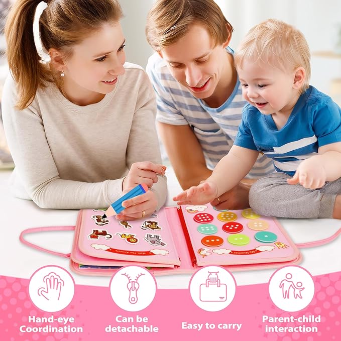 MAJAVI Busy Board Montessori Toys for 1 2 3 4 Year Old, Busy Book Sensory Toy for Toddlers Learning Fine Motor Skills, Educational Activities Airplane Car Travel Toy for Baby Boys Girls, Pink