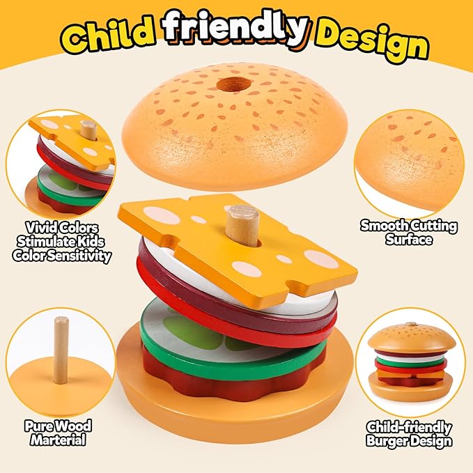 Kizh Wooden Burger Sorting Stacking Toy for Toddlers - Preschool Montessori Educational Fine Motor Toys for Kids Boys Girls
