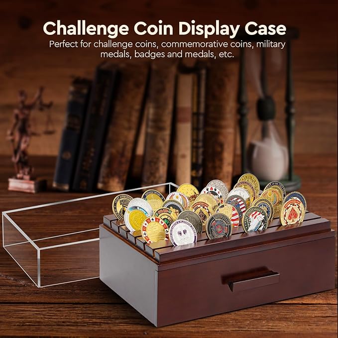 Challenge Coin Display Case, Military Coin Collection Holder with Wooden Coin Box, Drawers, and Clear Acrylic Lid – Gifts for Coins Collectors (6 Rows)