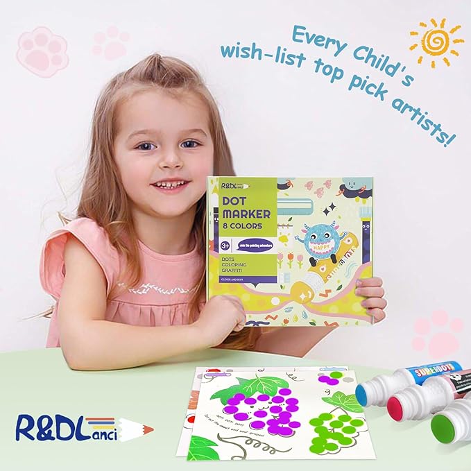 R&DLanci Washable Dot Markers for Toddlers 1-3,8-Colors Dot Markers with 12-Activity Papers,Non-Toxic Bingo Daubers for Toddlers 2-4,Art and Crafts Supplies for Kids,Christmas Gift for Kids ages 2-4