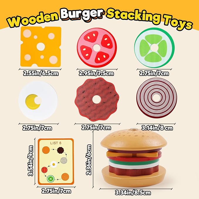 Kizh Wooden Burger Sorting Stacking Toy for Toddlers - Preschool Montessori Educational Fine Motor Toys for Kids Boys Girls