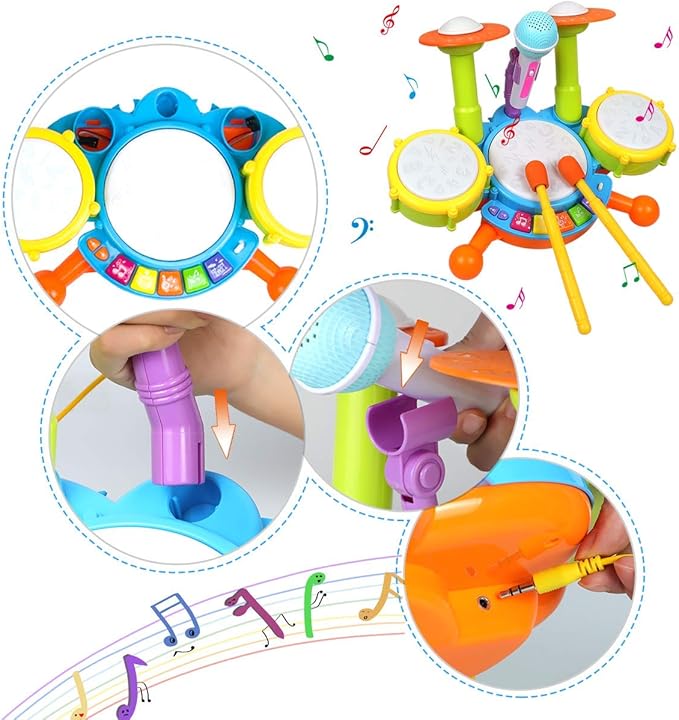 POKONBOY Kids Drum Set for Toddler 1-3, Musical Instruments Learning Toys with 2 Drum Sticks Adjustable Microphone Birthday for Boys Girls 6 12 18 Month (Yellow)