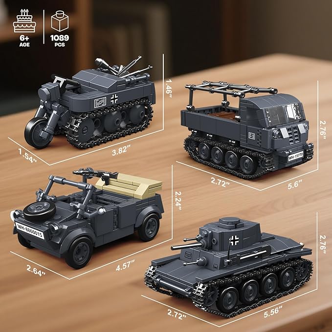 4 IN 1 WW2 Army Tanks Toy Building Block Set(1089 Pcs),Compatible with Lego,Create German 38T-A Light Tank&3 German Style Small Military Vehicles Models Great Military Toy Gift for Boy Age 6+ Year Old