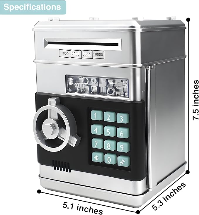 Piggy Bank Electronic Mini ATM for Kids Toy, Safe Money Saving Box Coin Banks Password Code Lock for 3-14 Years Old Kids, Boys Girls Ideal Gift (Silver)