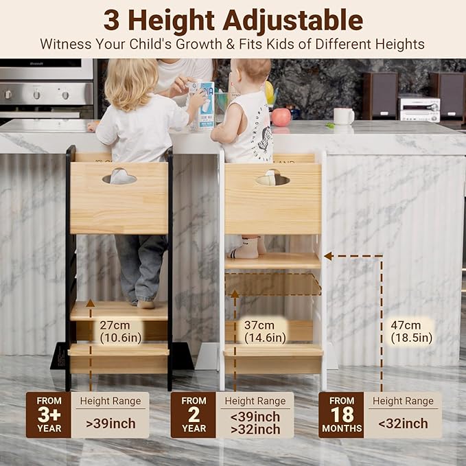 COSYLAND Toddler Standing Tower Adjustable Height - Super Stable Kids Kitchen Stool Helper - 3 Levels Adjustable Wooden Toddler Kitchen Stool (Natural & Black)