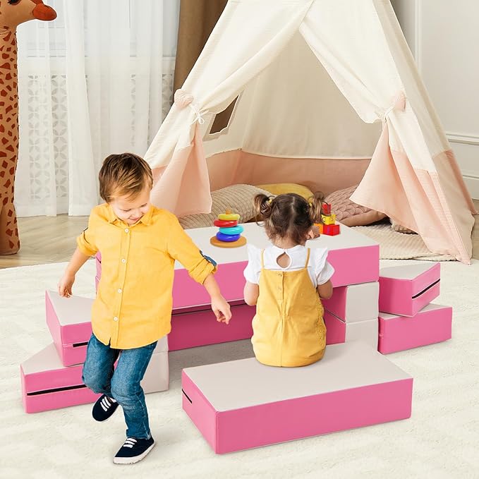Costzon Climb and Crawl Foam Set, 4-in-1 Convertible Furniture Into Toddler Bed, Sofa, Table, Activity Play Blocks, 8-Piece Lightweight Colorful Interactive Set for Baby and Preschooler (Pink)