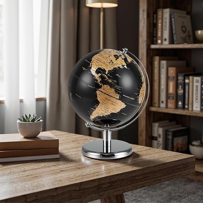 8" World Globe, Black Earth Globe with Gold Accents, Metal Stand, Non-slip Base & Time Zone, Decorative Tabletop Desk Globes for Classroom, Office & Home