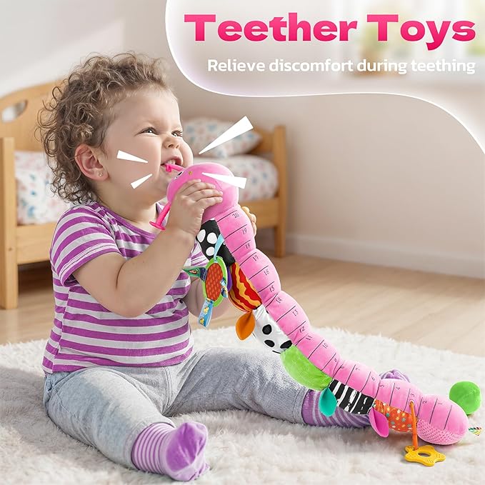 HEMRLY Baby Girl Toys for 0-6 Months, Musical Plush Caterpillar Infant Sensory Toy with Baby Mirror&Crinkle Rattle,Pull String,Teething, Tummy Time Newborn Gifts for 0-3-6-12 Boys Girls - Pink Leaf