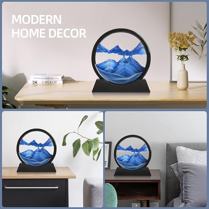 Moving Sand Art Liquid Motion, 3D Deep Sea Sandscape Color Quicksand Decor, Round Glass Moving Sand Art Picture Relaxing Desktop Home Office Work Decor (Blue, 7 inch)