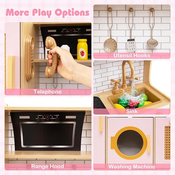 Costzon Kids Kitchen Playset, Wooden Play Kitchen w/Rattan Door, Realistic Lights & Sounds, Water Dispenser, Washing Machine, Cooking Accessories, Montessori Toy for Kids 3+ Year Old (Pink)