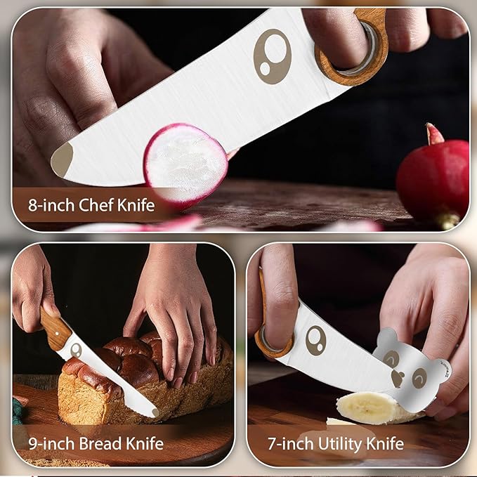 Kids Knife Set for Real Cooking with Educational Ring, Rounded Tip, Fingers Guard, 4 Pieces Kids Kitchen Knife Kit for Children and Teaching Food Prep and Kitchen Safety
