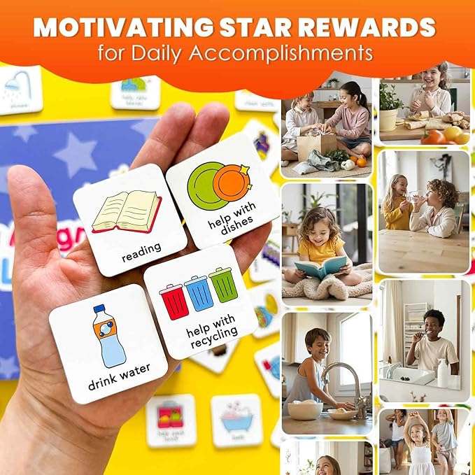 QUOKKA Magnetic Chore Chart for Kids with 72 Routine Magnets & Star Rewards - Foldable Visual Daily Responsibility Schedule and Behavior Chart for Kids - Help Kids Build Good Habits and Independence