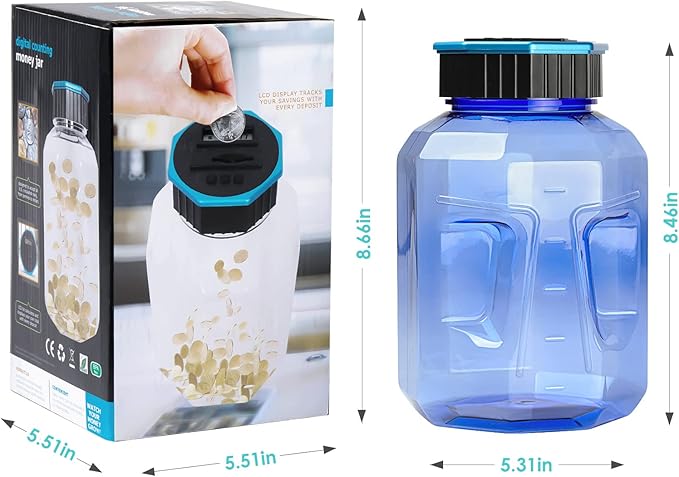 X-Large Piggy Bank for Adults Kids, Vcertcpl Digital Coin Counting Bank with LCD Counter, 2.4L Capacity, Great Coin Counter Bank Money Counting Jar with Total Amount Displayed (Blue2, X-Large)