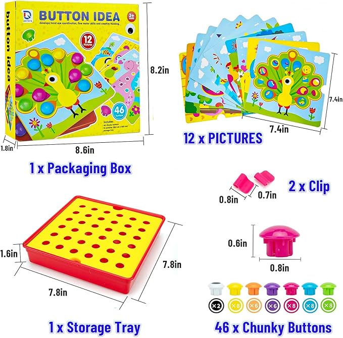 Button Art Toys for Toddlers Ages 3-5, Early Learning Educational Toys, Color Matching Mosaic Pegboard, Fine Motor Skills Game, Preschool Learning Crafts Activity Gifts for Boys & Girls 3+