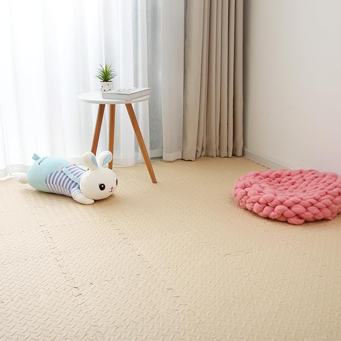 Coolcandy EVA Foam Play Mat, 16 Tiles Colorful Baby Play Mat, Square Kids Playmat with Solid Colored, 0.4" Thickened Interlocking Foam Floor Tiles, Puzzle Play Mat for Baby Lying, Playing (Beige)