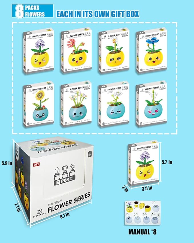ICEKO KN 8 Pack Party Favors for Kids Building Set-494PCS Mini Succulent Flowers Building Blocks Sets for Classroom Prizes,Goodie Bag Stuffers,Birthday Children's Day Gifts for Boys Girls 6+