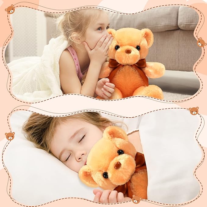 HyDren 6 Pcs Bear Stuffed Animal Plush Toys Soft Plush Dolls Bear Sleeping and Playing Toys for Baby Shower Decoration Boy(Short Plush,Brown)