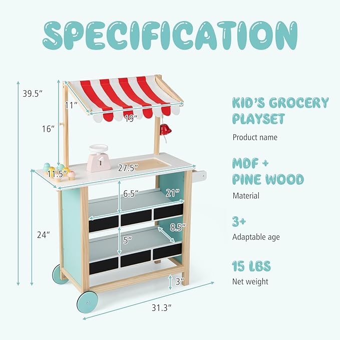 Costzon Kids Pretend Play Grocery Store, Wooden Ice Cream Cart Toy Set for Kids with Ice Cream Making Counter, Scale, Bell, Display Shelves, Black Board, Canopy, Solid Wooden Wheels, Gift for Toddlers