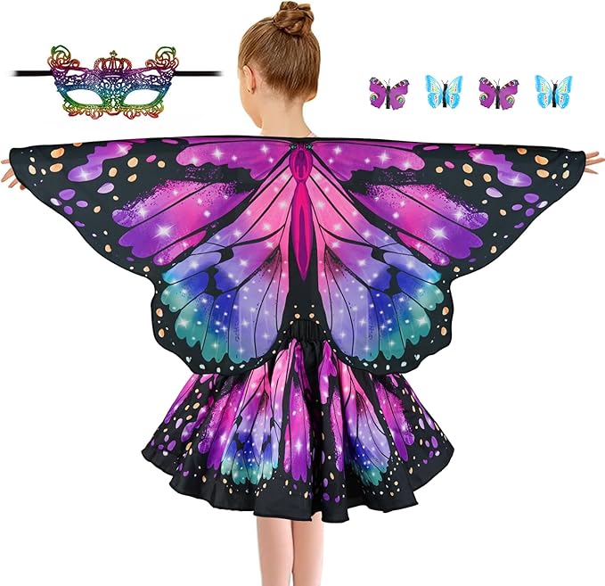 Butterfly Costume for Girls Fairy Wings Kids 4 Pcs(Cape,Skirts,Masks,Hair Clips) Butterfly Wings for Halloween Gifts
